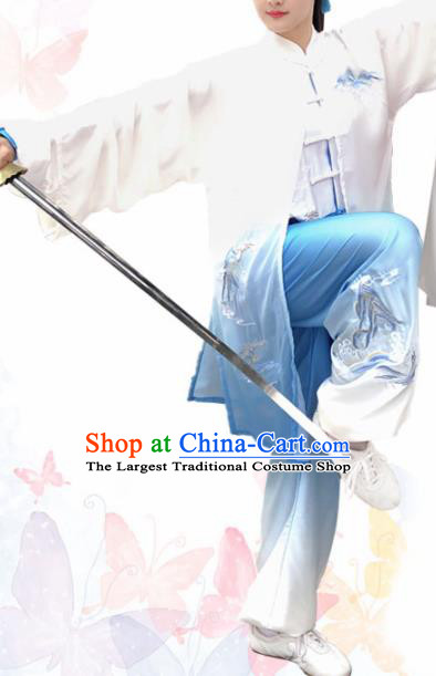 Chinese Professional Martial Arts Embroidered Landscape Blue Costume Traditional Kung Fu Competition Tai Chi Clothing for Women