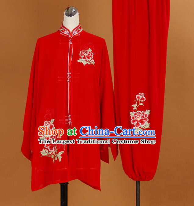 Chinese Traditional Best Martial Arts Embroidered Peony Red Veil Costume Kung Fu Competition Tai Chi Clothing for Women