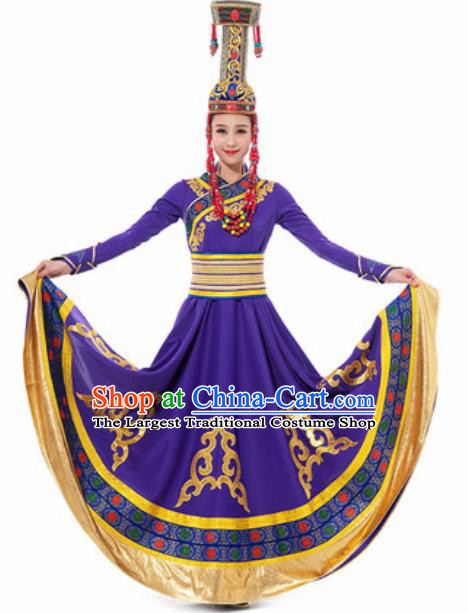 Traditional Chinese Mongol Ethnic Costume Mongolian Nationality Minority Dance Purple Dress for Women