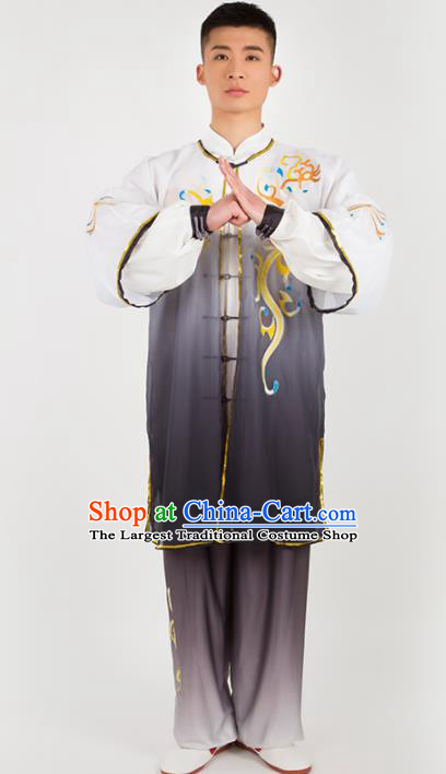 Chinese Traditional Martial Arts Competition Embroidered Grey Costume Kung Fu Tai Chi Training Clothing for Men