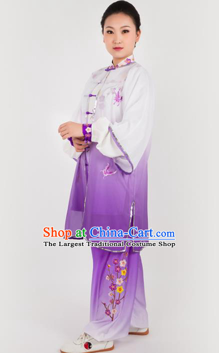 Chinese Traditional Martial Arts Embroidered Butterfly Purple Costume Kung Fu Competition Tai Chi Training Clothing for Women
