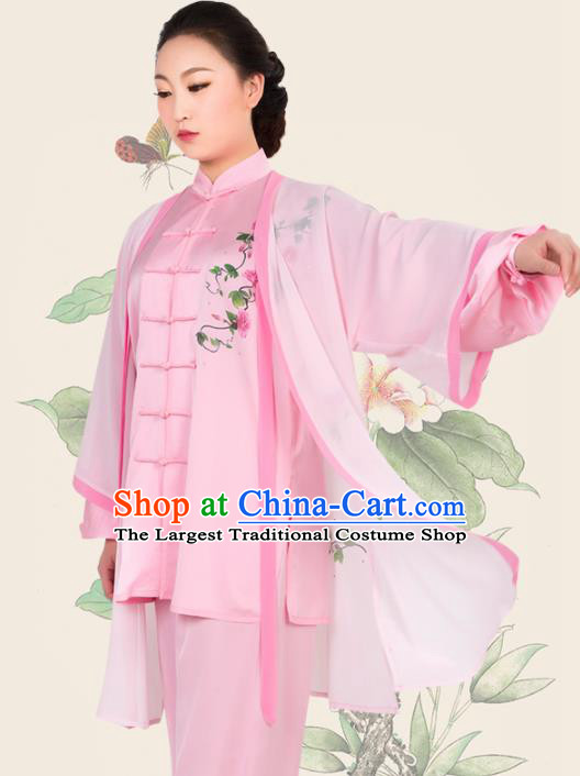 Chinese Traditional Martial Arts Printing Petunia Pink Costume Best Kung Fu Competition Tai Chi Training Clothing for Women