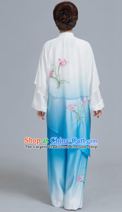 Professional Chinese Martial Arts Embroidered Lily Flower Blue Costume Traditional Kung Fu Competition Tai Chi Clothing for Women