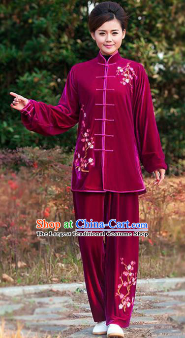 Professional Martial Arts Competition Embroidered Plum Wine Red Velvet Costume Chinese Traditional Kung Fu Tai Chi Clothing for Women
