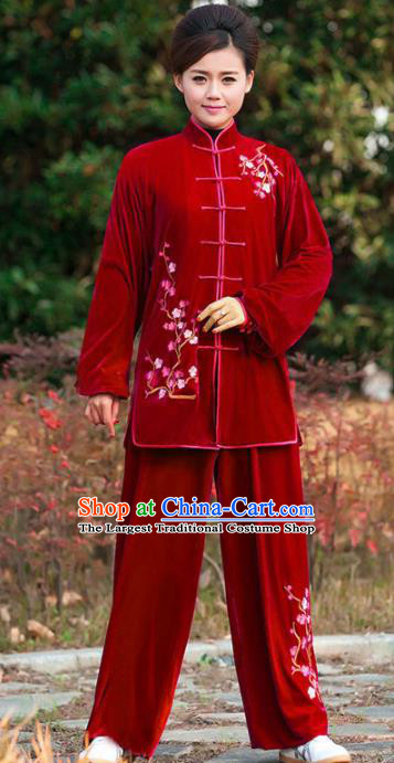Professional Martial Arts Competition Embroidered Plum Red Velvet Costume Chinese Traditional Kung Fu Tai Chi Clothing for Women
