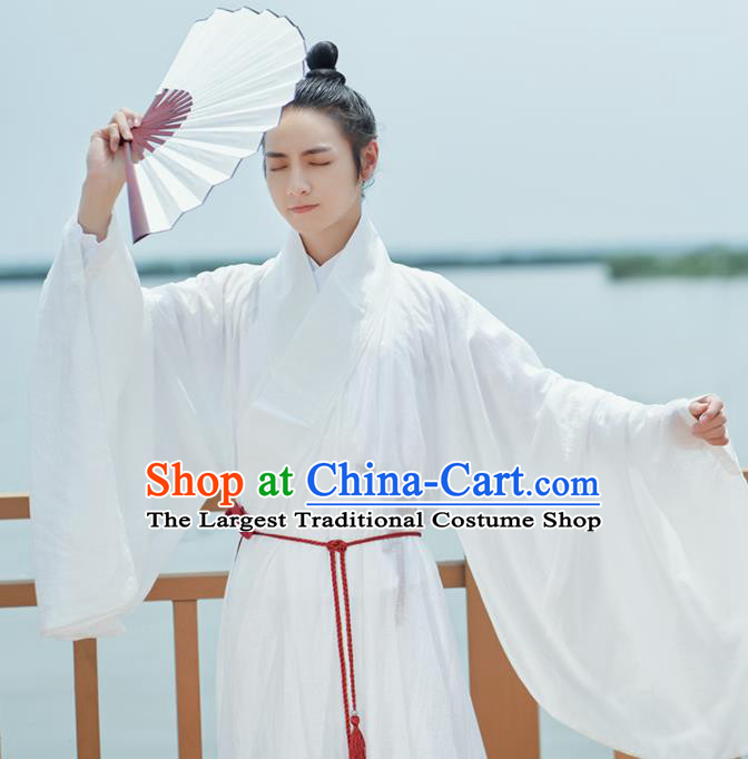 Traditional Chinese Ming Dynasty Scholar White Robe Ancient Drama Taoist Priest Replica Costumes for Men