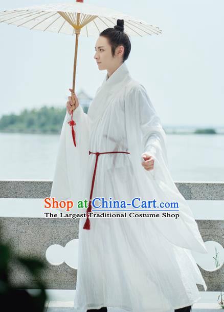 Traditional Chinese Ming Dynasty Scholar White Robe Ancient Drama Taoist Priest Replica Costumes for Men