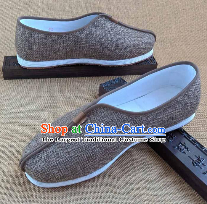 Traditional Chinese Cloth Shoes Handmade Multi Layered Shoes Martial Arts Brown Linen Shoes for Men