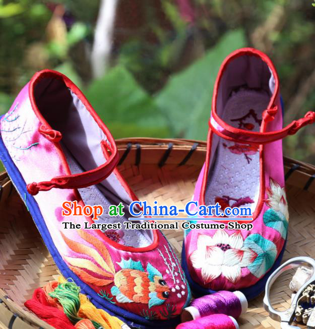Traditional Chinese Embroidered Lotus Rosy Shoes Handmade Hanfu Shoes Ancient Princess Satin Shoes for Women
