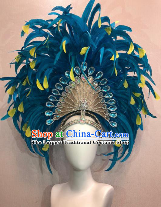Customized Halloween Cosplay Peacock Blue Feather Hair Accessories Brazil Parade Samba Dance Giant Headpiece for Women