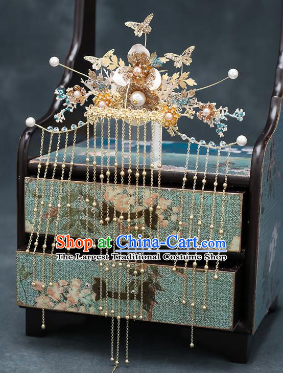 Top Chinese Traditional Golden Butterfly Tassel Phoenix Coronet Wedding Bride Handmade Hairpins Hair Accessories Complete Set