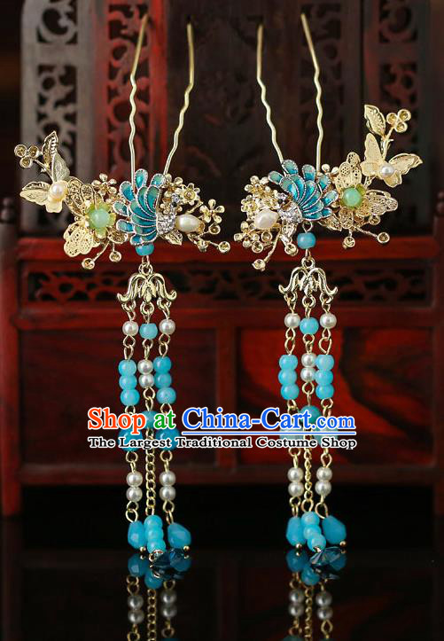Top Chinese Traditional Blue Beads Tassel Hair Clip Handmade Hanfu Hairpins Hair Accessories for Women