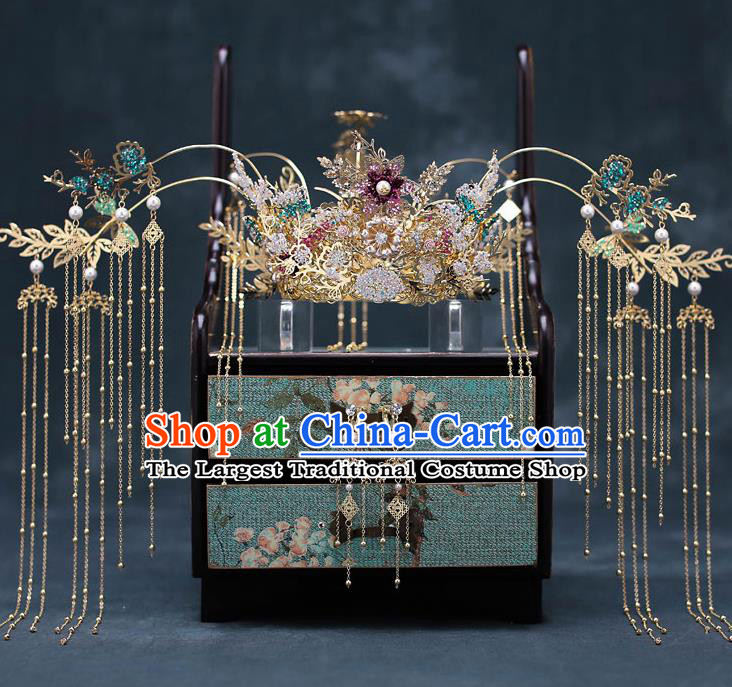 Top Chinese Traditional Bride Tassel Phoenix Coronet Handmade Wedding Tassel Hairpins Hair Accessories Complete Set