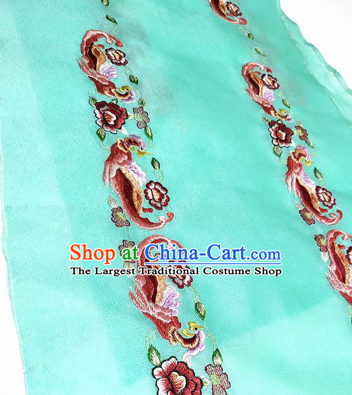 Asian Chinese Traditional Embroidered Phoenix Peony Pattern Design Green Silk Fabric China Hanfu Silk Material