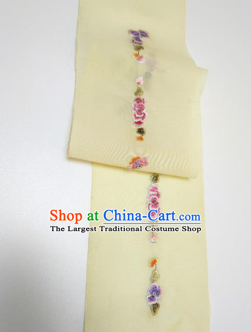 Asian Chinese Traditional Embroidered Peony Pattern Design Light Yellow Silk Fabric China Hanfu Silk Material