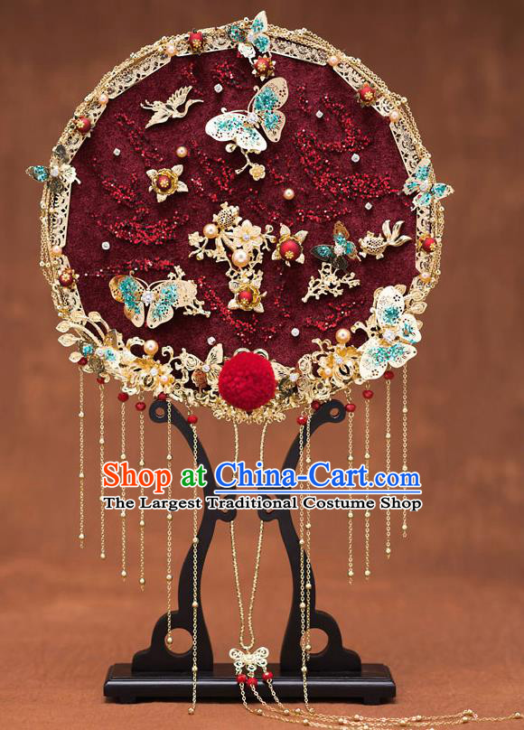 Chinese Traditional Wedding Prop Dark Red Round Fan Ancient Bride Palace Fans for Women