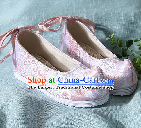 Chinese Handmade Pink Brocade Bow Shoes Traditional Ming Dynasty Hanfu Shoes Princess Shoes for Women