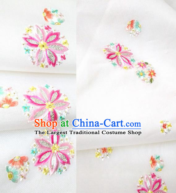 Chinese Traditional Embroidered Flowers Pattern Design White Silk Fabric Asian China Hanfu Silk Material