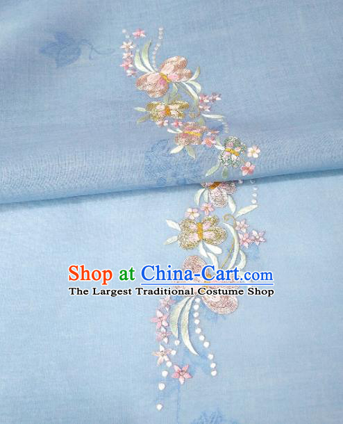 Chinese Traditional Embroidered Butterfly Pattern Design Blue Silk Fabric Asian China Hanfu Silk Material
