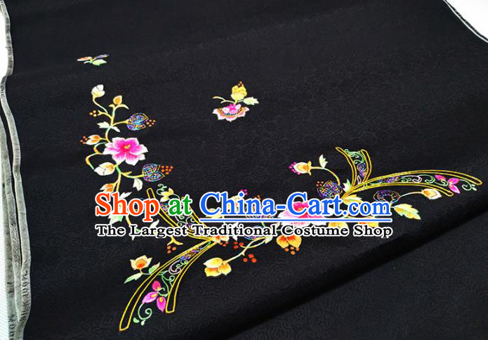Chinese Traditional Embroidered Rosy Flowers Pattern Design Black Silk Fabric Asian China Hanfu Silk Material