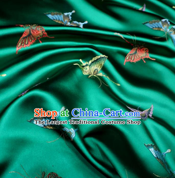 Chinese Traditional Colorful Butterfly Pattern Design Deep Green Brocade Fabric Asian Satin China Hanfu Silk Material