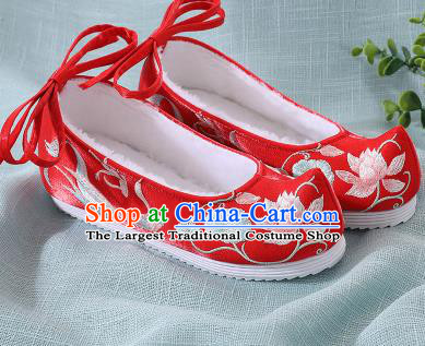 Chinese Handmade Embroidered Lotus Fish Red Bow Shoes Traditional Ming Dynasty Hanfu Shoes Princess Shoes for Women