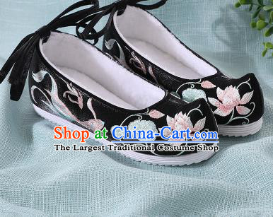 Chinese Handmade Embroidered Lotus Fish Black Bow Shoes Traditional Ming Dynasty Hanfu Shoes Princess Shoes for Women