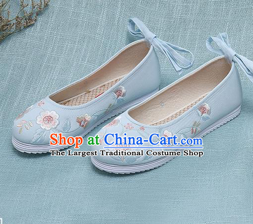 Chinese Handmade Embroidered Blue Shoes Traditional Ming Dynasty Hanfu Shoes Princess Shoes for Women