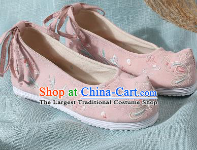 Chinese Handmade Embroidered Dandelion Butterfly Pink Bow Shoes Traditional Ming Dynasty Hanfu Shoes Princess Shoes for Women