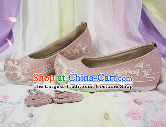 Chinese Handmade Embroidered Lotus Pink Cloth Bow Shoes Traditional Ming Dynasty Hanfu Shoes Princess Shoes for Women