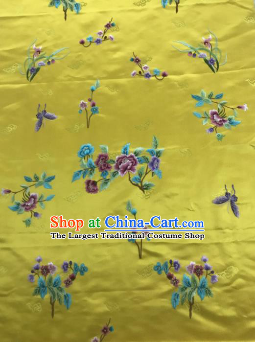 Chinese Traditional Embroidered Orchid Peony Pattern Design Yellow Silk Fabric Asian China Hanfu Silk Material