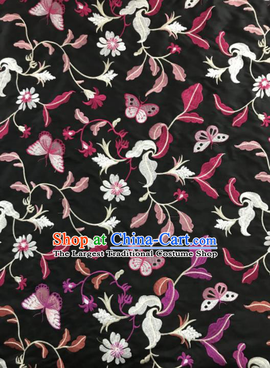 Chinese Traditional Embroidered Grass Butterfly Pattern Design Black Silk Fabric Asian China Hanfu Silk Material