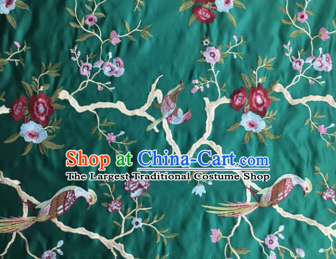Chinese Traditional Embroidered Begonia Birds Pattern Design Green Silk Fabric Asian China Hanfu Silk Material