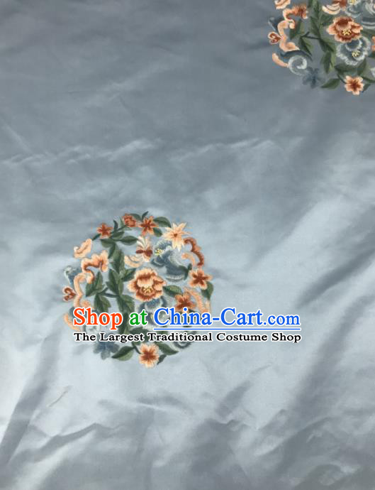 Chinese Traditional Embroidered Round Peony Pattern Design Blue Silk Fabric Asian China Hanfu Silk Material
