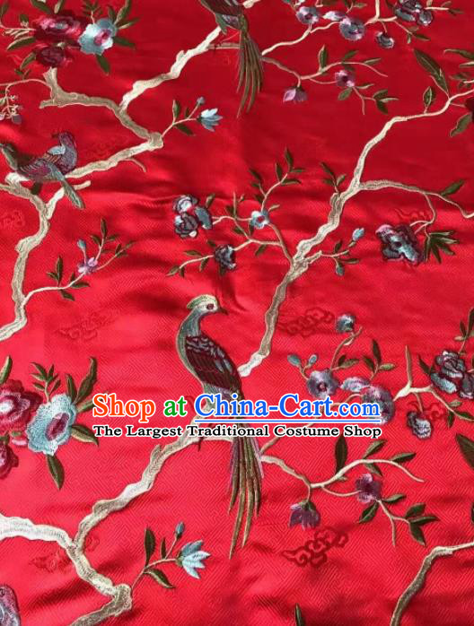 Chinese Traditional Embroidered Flowers Birds Pattern Design Red Silk Fabric Asian China Hanfu Silk Material