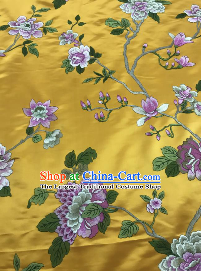 Chinese Traditional Embroidered Peony Pattern Design Yellow Silk Fabric Asian China Hanfu Silk Material