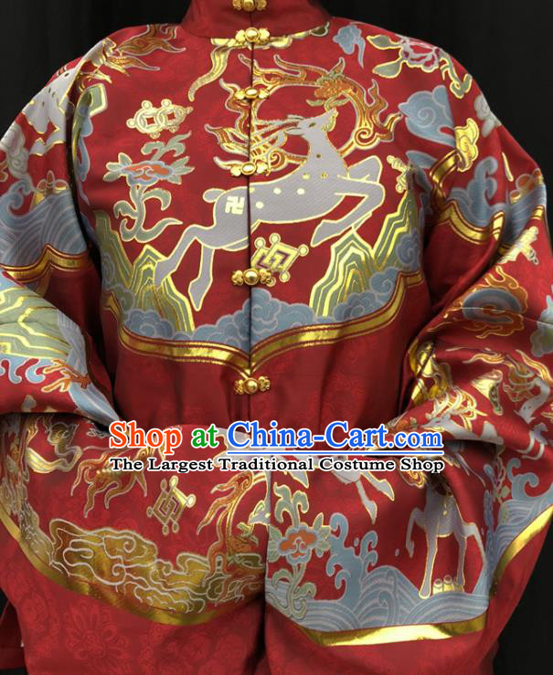 Chinese Traditional Deers Pattern Design Red Brocade Fabric Asian China Hanfu Satin Material