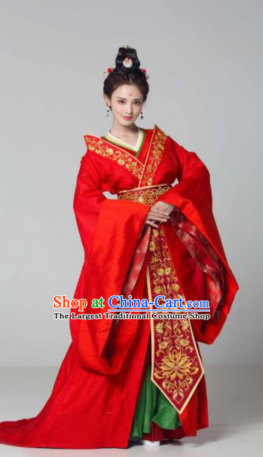 Chinese Traditional Tang Dynasty Palace Lady Red Dress Ancient Crown Princess Costume for Women
