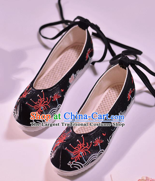 Asian Chinese Black Hanfu Shoes Embroidered Red Spider Lily Shoes Traditional Opera Shoes Princess Shoes for Women