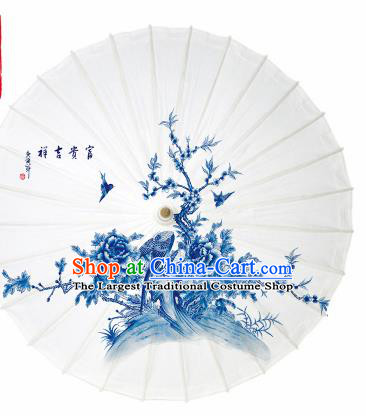 Chinese Traditional Printing Blue Peony Oil Paper Umbrella Artware Paper Umbrella Classical Dance Umbrella Handmade Umbrellas