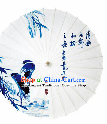Chinese Traditional Printing Egret White Oil Paper Umbrella Artware Paper Umbrella Classical Dance Umbrella Handmade Umbrellas