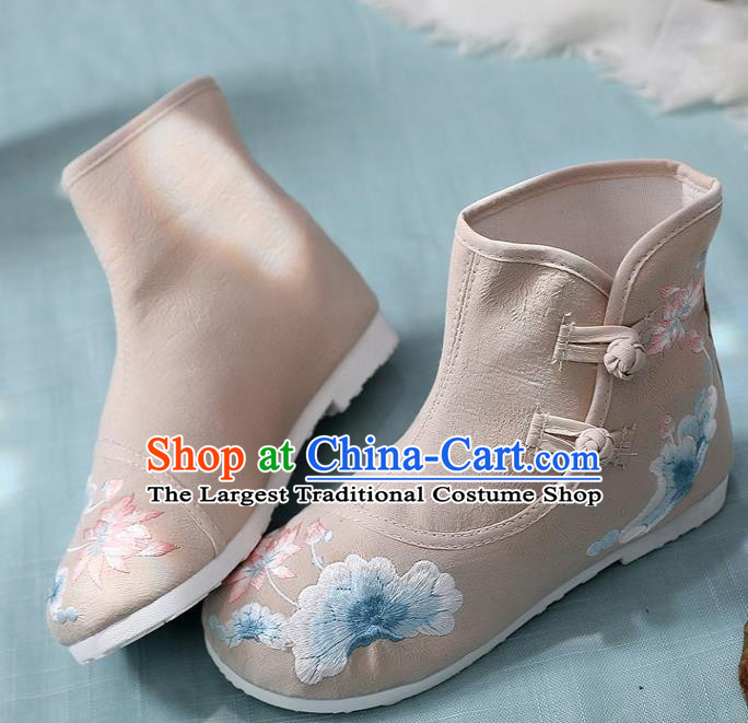 Asian Chinese Embroidered Lotus Khaki Ankle Boots Traditional Opera Boots Hanfu Shoes for Women