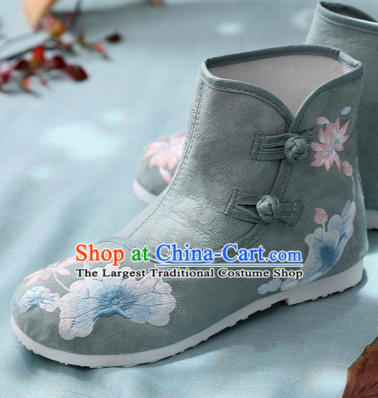 Asian Chinese Embroidered Lotus Green Ankle Boots Traditional Opera Boots Hanfu Shoes for Women