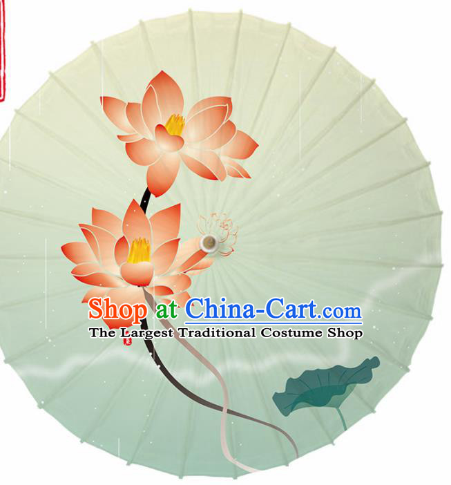 Chinese Traditional Printing Lotus Light Green Oil Paper Umbrella Artware Paper Umbrella Classical Dance Umbrella Handmade Umbrellas