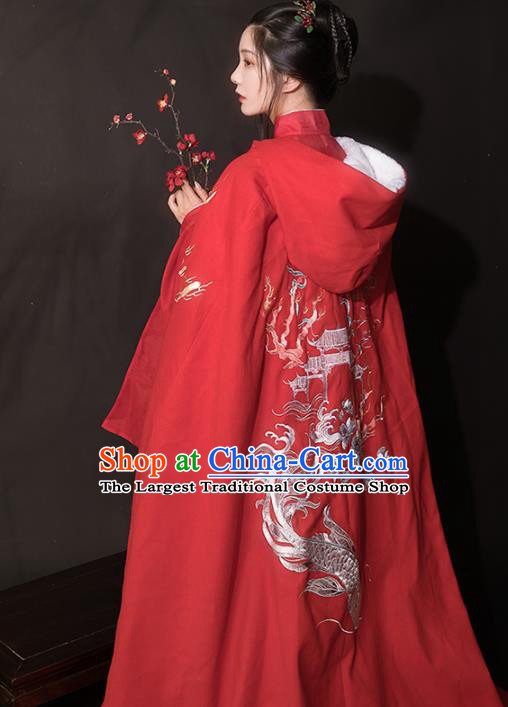 Chinese Ancient Hanfu Embroidered Red Cloak Traditional Ming Dynasty Princess Costumes for Women