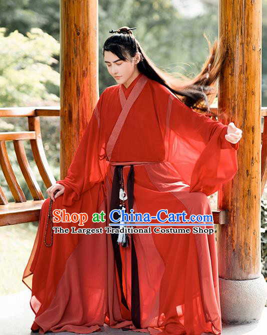Chinese Traditional Cosplay Swordsman Red Costumes Ancient Crown Prince Clothing for Men