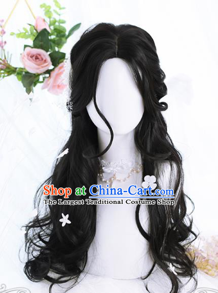 Top Grade Cosplay Lolita Black Curly Wigs Young Lady Long Hair Wiggery Headdress for Women
