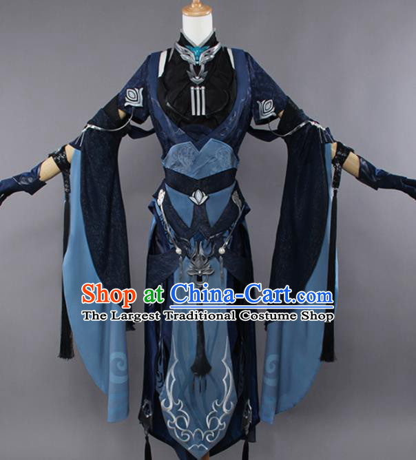 Chinese Traditional Cosplay Swordswoman Navy Costumes Ancient Female Knight Hanfu Dress for Women