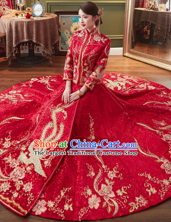 Chinese Traditional Xiu He Suit Ancient Wedding Red Dress Bride Embroidered Costumes for Women