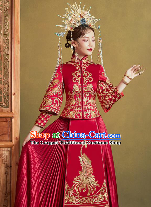 Chinese Traditional Red Xiu He Suit Embroidered Phoenix Wedding Dress Ancient Bride Costumes for Women